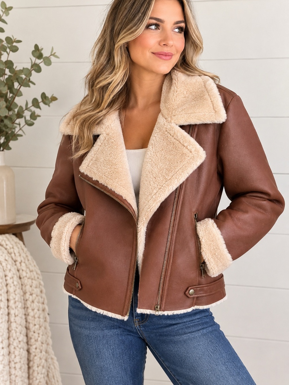 a.n.a Brown Faux Leather Bomber Jacket with Cream Shearling Trim